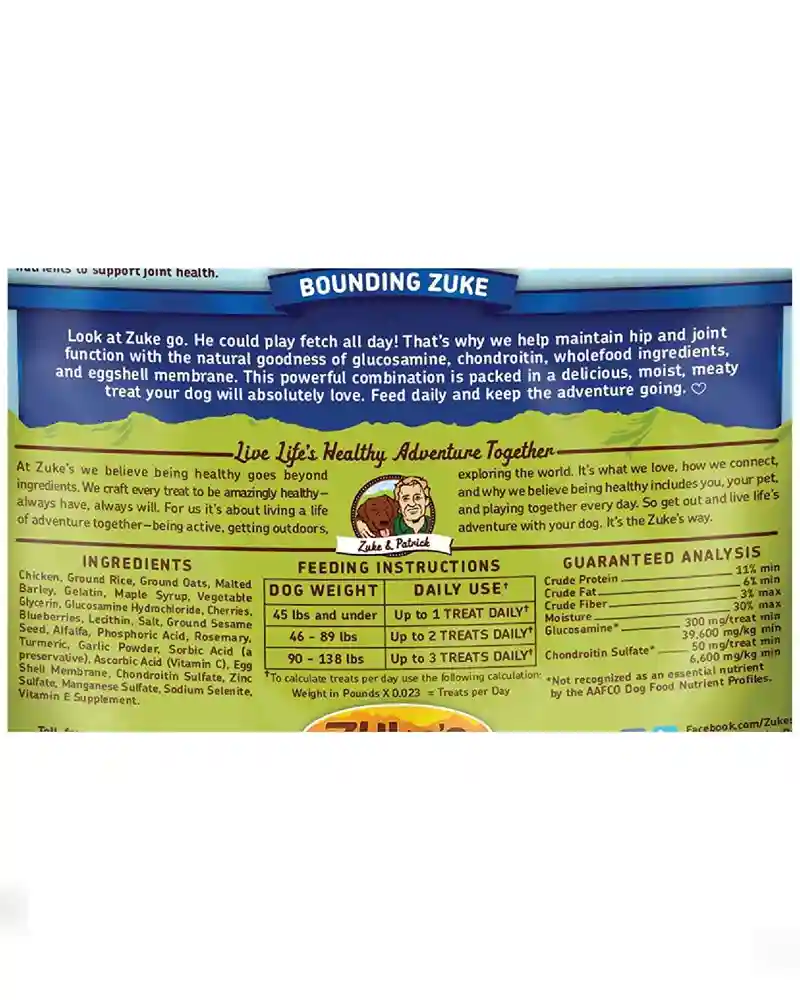 Zuke's Hip & Joint Peanut Butter & Oats With Glucosamine & Chondroitin Recipe Dog Treats 6 Oz