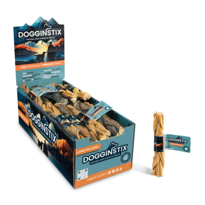 Dogginstix Braided Lamb Collagen 6-inch display box and stick